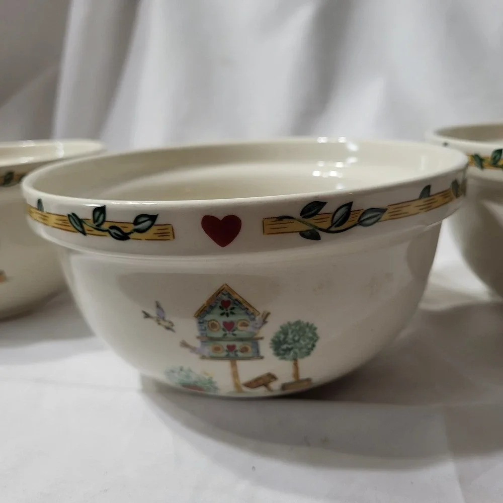 3pc Thomson Pottery Nesting Mixing/Serving Bowls | Birdhouse Pattern Cottagecore